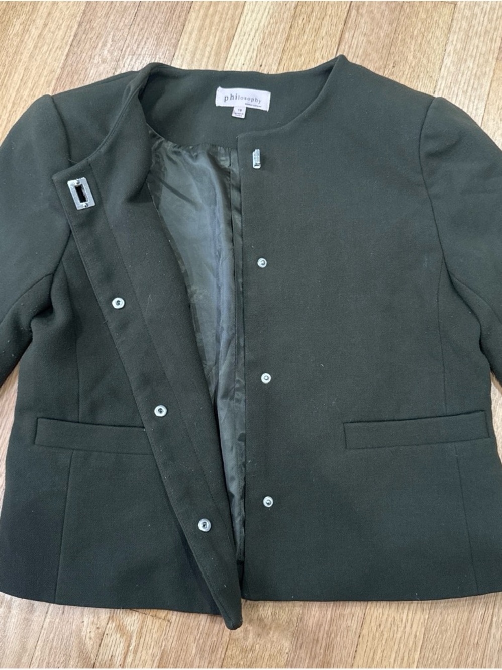 Philosophy Army Green Collarless Pea Coat with Snap Closure
